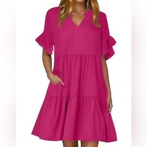 New PLUS Boutique Pink Tiered Ruffle Dress -Flowy Stretchy Flirty Fun 1X or 2X
